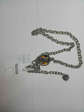Michael Kors Silver Chain Belt with Gold And Brown MK Medallion